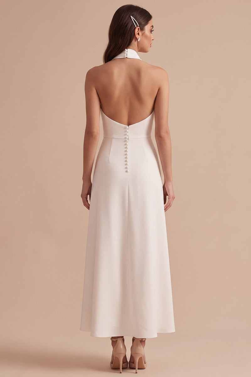 Load image into Gallery viewer, White A-Line Halter Backless Midi Wedding Dress
