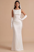 Load image into Gallery viewer, Simple Satin White Mermaid Boat Neck Long Wedding Dress