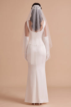 Simple Satin White Mermaid Boat Neck Long Wedding Dress