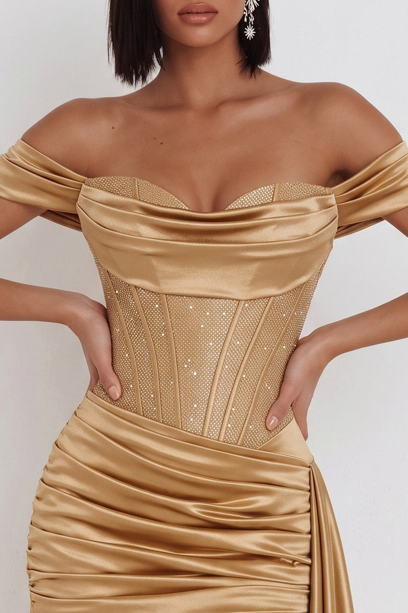 Load image into Gallery viewer, Sparkly Gold Corset Tight Ruched Beaded Short Cocktail Dress with Side Cape