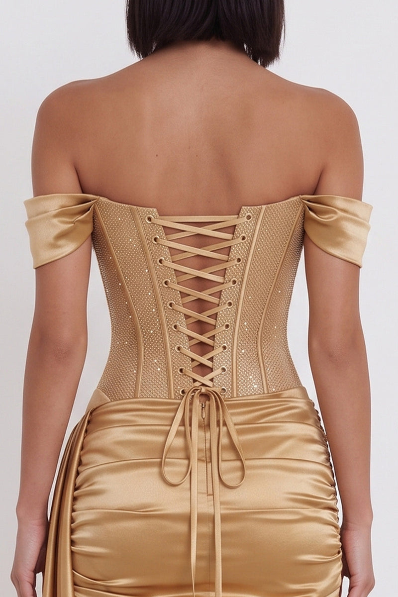 Load image into Gallery viewer, Sparkly Gold Corset Tight Ruched Beaded Short Cocktail Dress with Side Cape