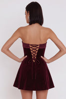 Load image into Gallery viewer, A-Line Strapless Simple Burgundy Velvet Short Cocktail Dress