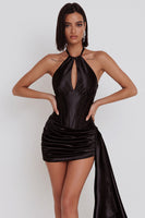 Load image into Gallery viewer, Black Satin Corset Halter Keyhole Ruched Short Cocktail Dress with Side Cape