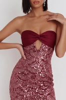 Load image into Gallery viewer, Sparkly Burgundy Bodycon Sequin Tight Strapless Keyhole Short Cocktail Dress