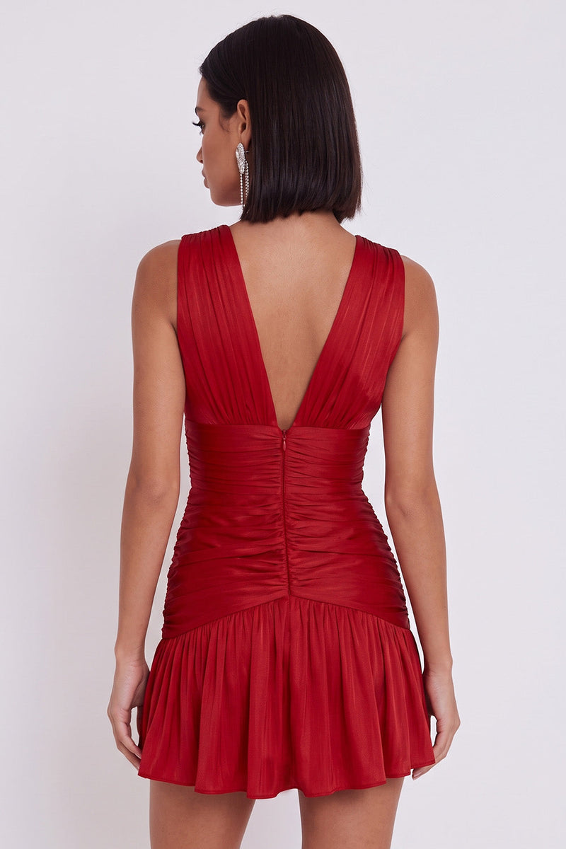 Load image into Gallery viewer, Red V-Neck A Line Ruched Ruffled Short Cocktail Dress