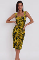 Load image into Gallery viewer, Yellow Green Floral Bodycon Square Neck Midi Wedding Guest Dress with Slit