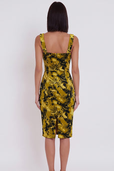 Yellow Green Floral Bodycon Square Neck Midi Wedding Guest Dress with Slit
