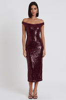 Load image into Gallery viewer, Sparkly Burgundy Bodycon Off the Shoulder Sequin Midi Wedding Guest Dress