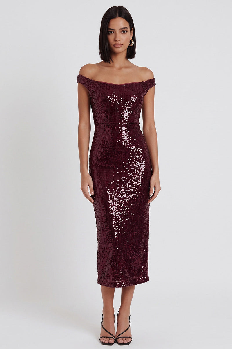 Load image into Gallery viewer, Sparkly Burgundy Bodycon Off the Shoulder Sequin Midi Wedding Guest Dress