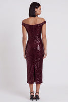 Load image into Gallery viewer, Sparkly Burgundy Bodycon Off the Shoulder Sequin Midi Wedding Guest Dress