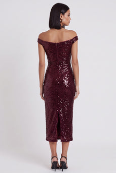 Sparkly Burgundy Bodycon Off the Shoulder Sequin Midi Wedding Guest Dress
