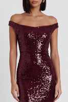 Load image into Gallery viewer, Sparkly Burgundy Bodycon Off the Shoulder Sequin Midi Wedding Guest Dress