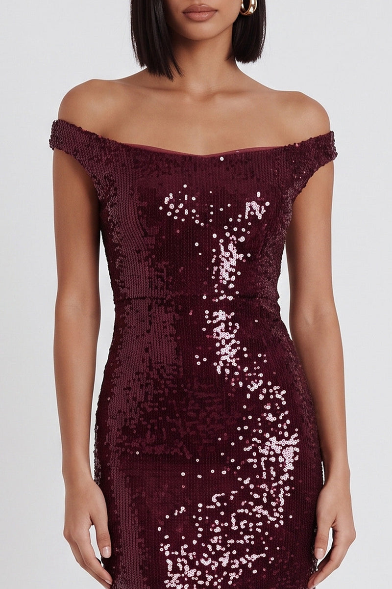 Load image into Gallery viewer, Sparkly Burgundy Bodycon Off the Shoulder Sequin Midi Wedding Guest Dress