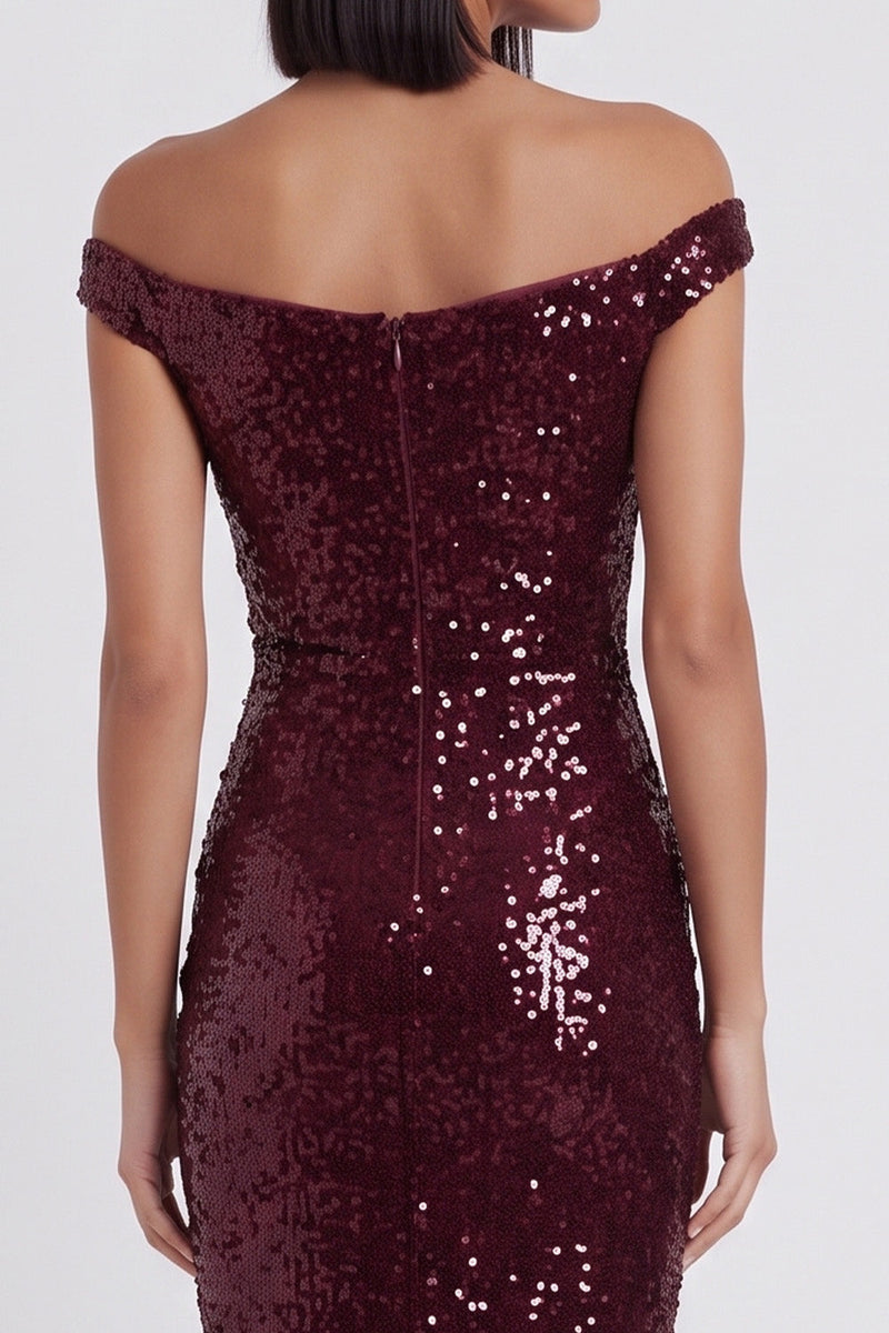 Load image into Gallery viewer, Sparkly Burgundy Bodycon Off the Shoulder Sequin Midi Wedding Guest Dress