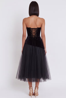 Black Strapless A Line Pleated Strapless Midi Wedding Guest Dress