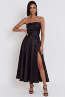 Load image into Gallery viewer, Black Satin Ruched A-Line Strapless Midi Wedding Guest Dress with Slit