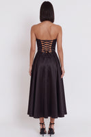 Load image into Gallery viewer, Black Satin Ruched A-Line Strapless Midi Wedding Guest Dress with Slit