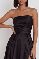 Load image into Gallery viewer, Black Satin Ruched A-Line Strapless Midi Wedding Guest Dress with Slit