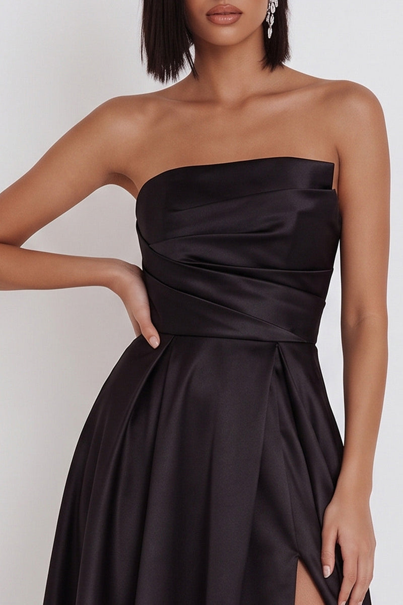 Load image into Gallery viewer, Black Satin Ruched A-Line Strapless Midi Wedding Guest Dress with Slit