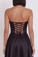 Load image into Gallery viewer, Black Satin Ruched A-Line Strapless Midi Wedding Guest Dress with Slit