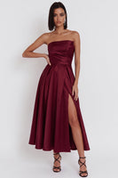 Load image into Gallery viewer, Black Satin Ruched A-Line Strapless Midi Wedding Guest Dress with Slit