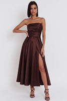 Load image into Gallery viewer, Black Satin Ruched A-Line Strapless Midi Wedding Guest Dress with Slit