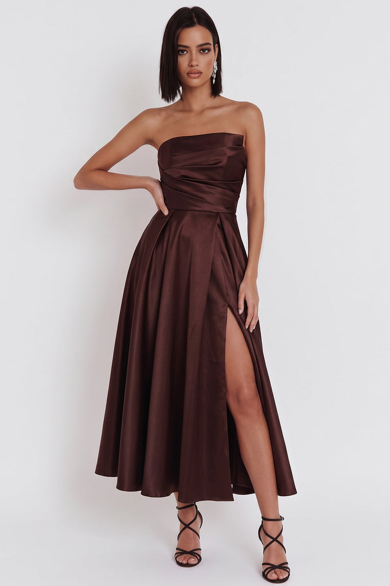 Load image into Gallery viewer, Black Satin Ruched A-Line Strapless Midi Wedding Guest Dress with Slit