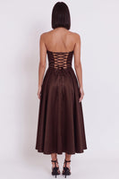 Load image into Gallery viewer, Black Satin Ruched A-Line Strapless Midi Wedding Guest Dress with Slit