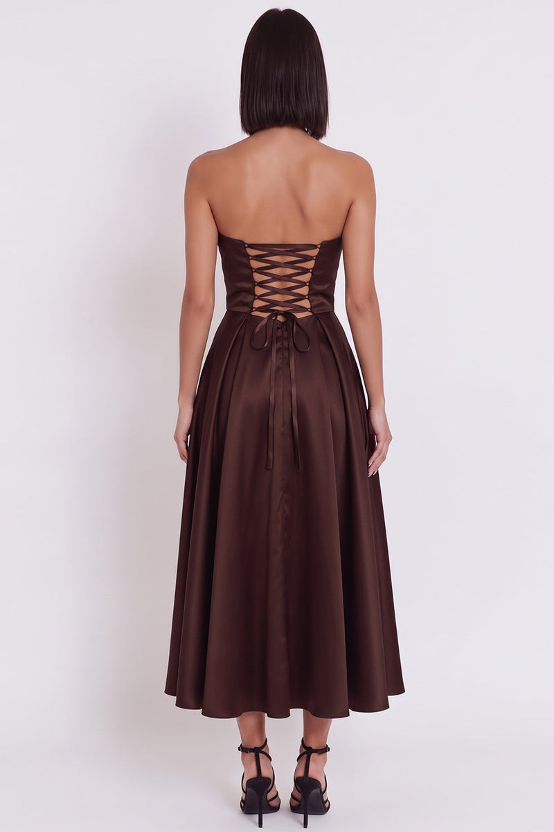 Load image into Gallery viewer, Black Satin Ruched A-Line Strapless Midi Wedding Guest Dress with Slit