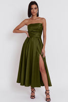 Load image into Gallery viewer, Black Satin Ruched A-Line Strapless Midi Wedding Guest Dress with Slit