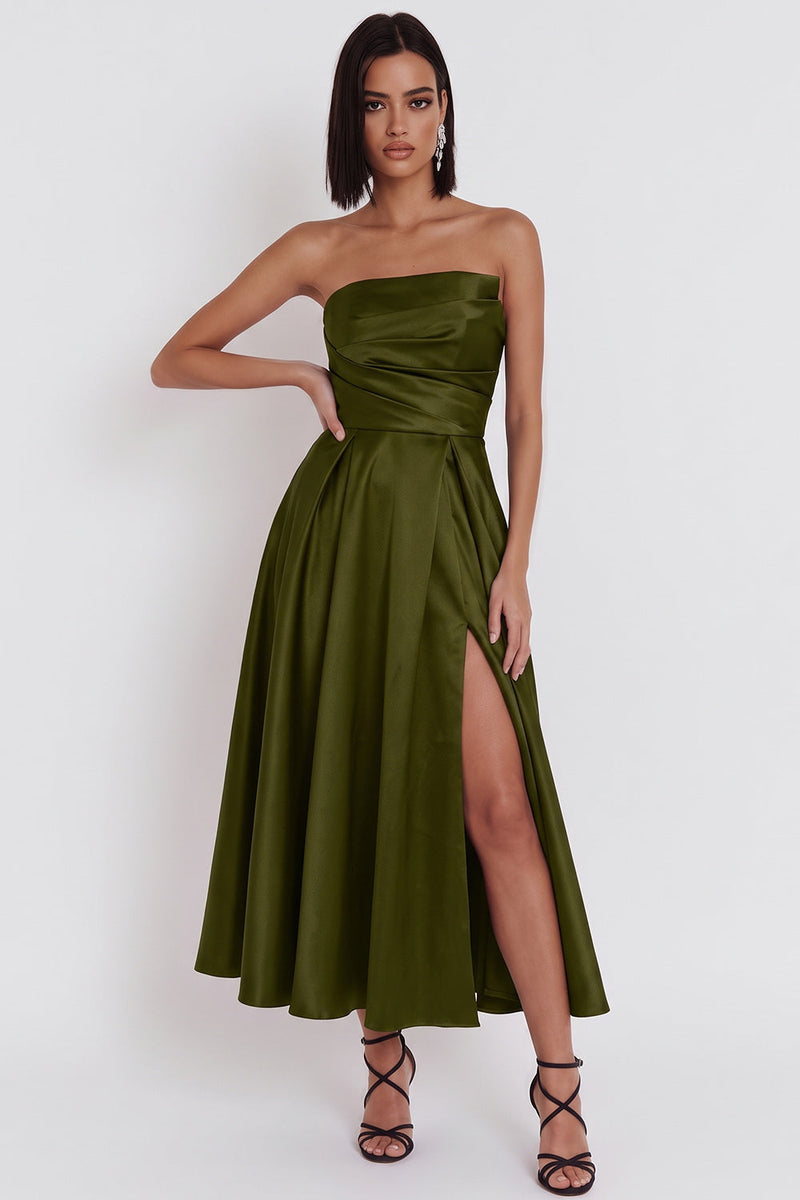 Load image into Gallery viewer, Black Satin Ruched A-Line Strapless Midi Wedding Guest Dress with Slit