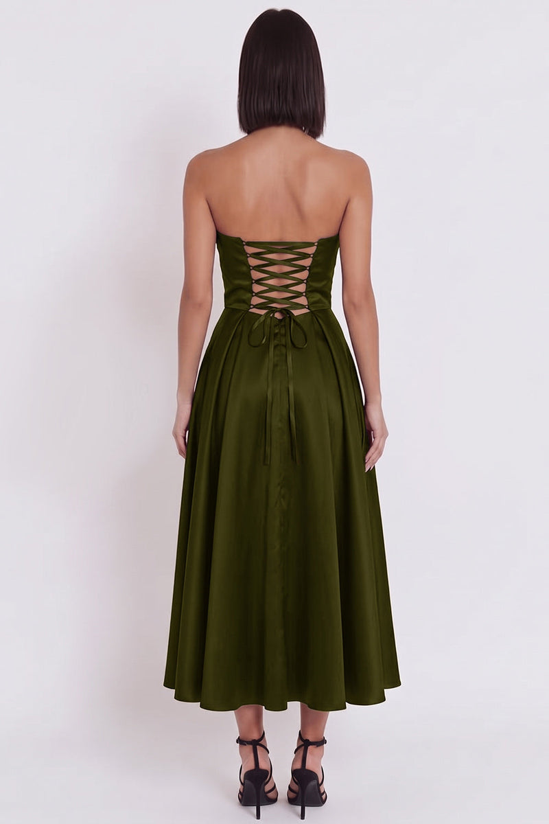 Load image into Gallery viewer, Black Satin Ruched A-Line Strapless Midi Wedding Guest Dress with Slit