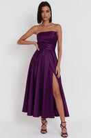 Load image into Gallery viewer, Black Satin Ruched A-Line Strapless Midi Wedding Guest Dress with Slit