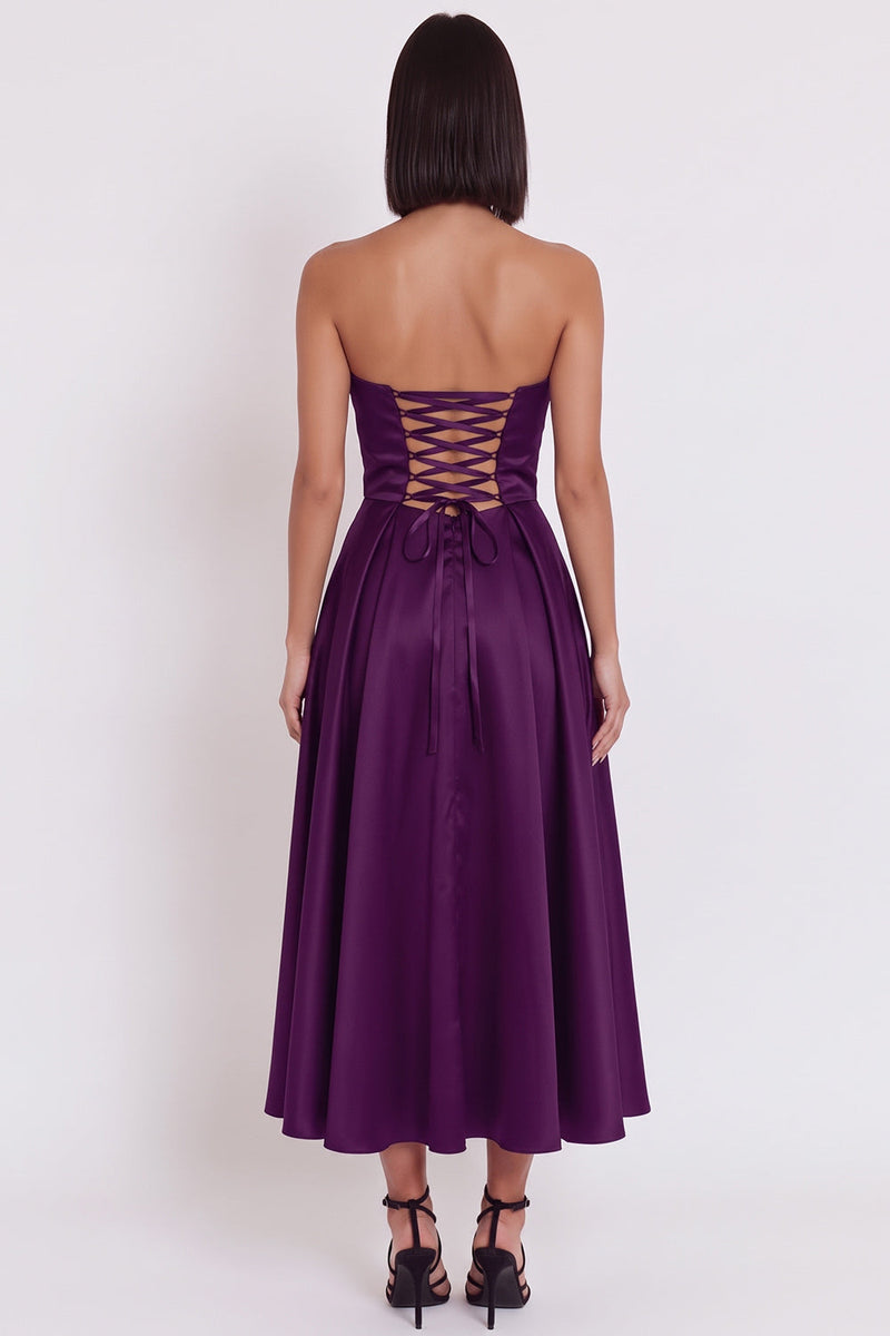 Load image into Gallery viewer, Black Satin Ruched A-Line Strapless Midi Wedding Guest Dress with Slit