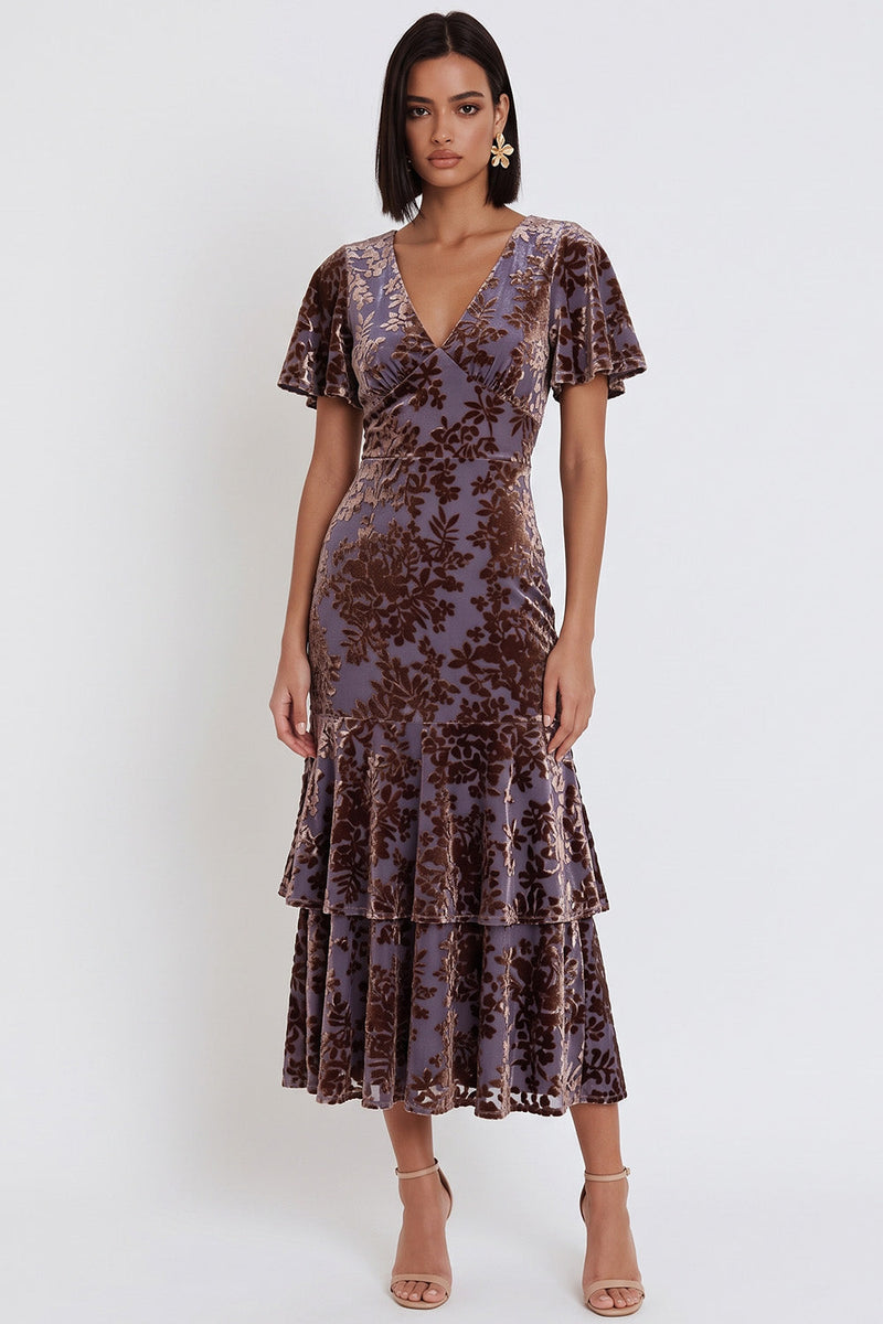 Load image into Gallery viewer, Plum Floral V-Neck Ruffled Flutter Sleeves Long Wedding Guest Dress