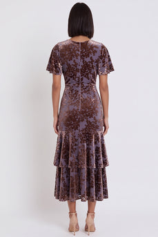 Plum Floral V-Neck Ruffled Flutter Sleeves Long Wedding Guest Dress