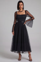 Load image into Gallery viewer, Black Polka Dots A-Line Tulle Flare Sleeves Midi Wedding Guest Dress