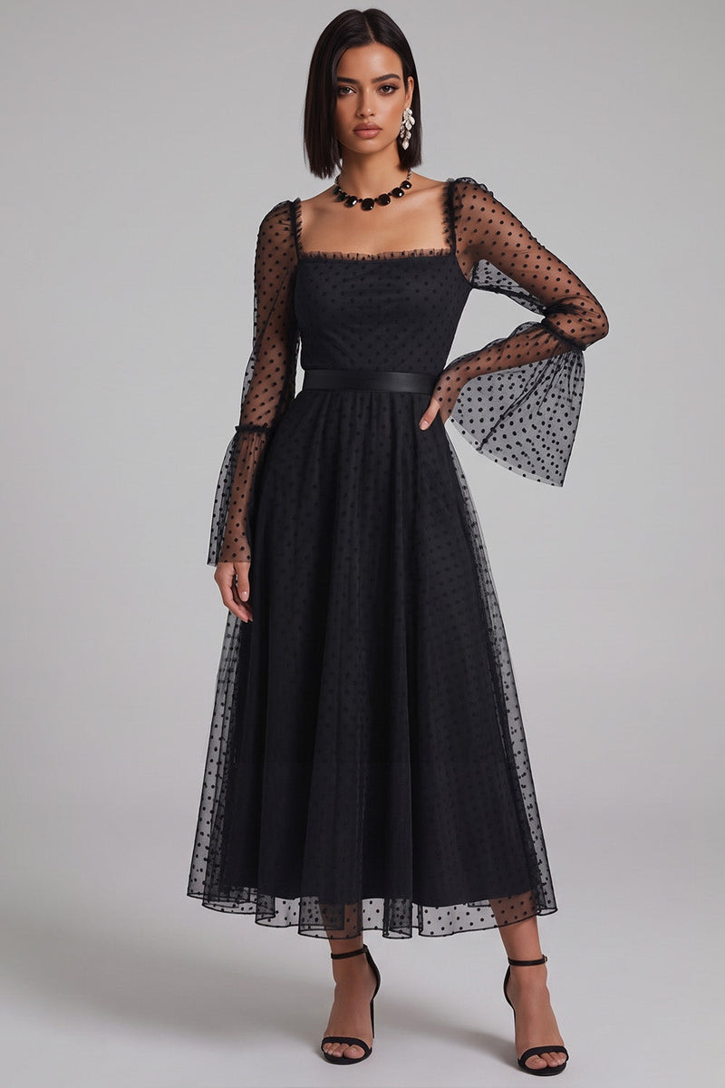Load image into Gallery viewer, Black Polka Dots A-Line Tulle Flare Sleeves Midi Wedding Guest Dress
