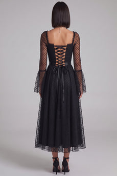 Black Polka Dots A-Line Tulle Flare Sleeves Midi Wedding Guest Dress
