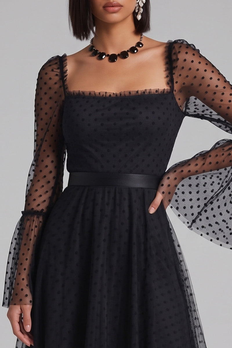 Load image into Gallery viewer, Black Polka Dots A-Line Tulle Flare Sleeves Midi Wedding Guest Dress