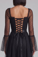 Load image into Gallery viewer, Black Polka Dots A-Line Tulle Flare Sleeves Midi Wedding Guest Dress
