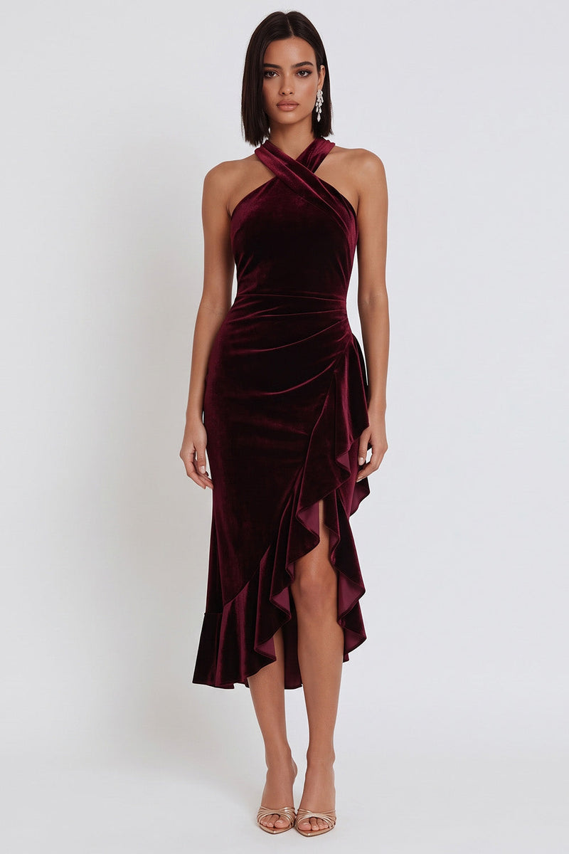 Load image into Gallery viewer, Burgundy Velvet Halter Ruffled Midi Wedding Guest Dress with Slit