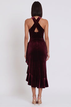 Burgundy Velvet Halter Ruffled Midi Wedding Guest Dress with Slit