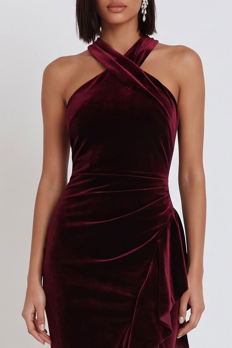 Load image into Gallery viewer, Burgundy Velvet Halter Ruffled Midi Wedding Guest Dress with Slit
