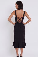 Load image into Gallery viewer, Black Bodycon Square Neck Ruched Midi Wedding Guest Dress with Ruffles