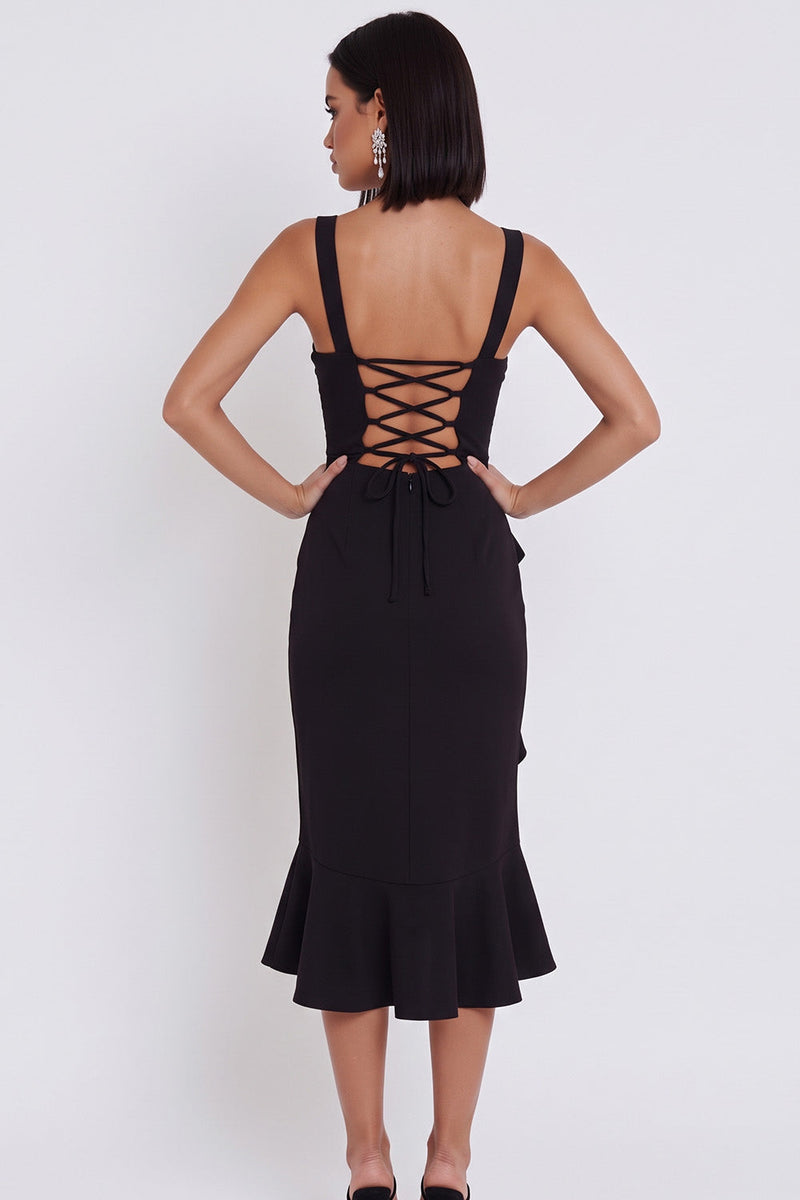 Load image into Gallery viewer, Black Bodycon Square Neck Ruched Midi Wedding Guest Dress with Ruffles