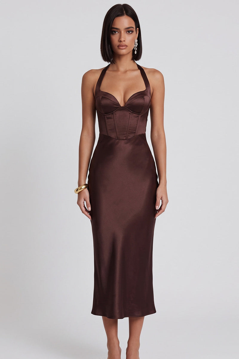 Load image into Gallery viewer, Dark Brown Corset Satin Halter Bodycon Midi Wedding Guest Dress