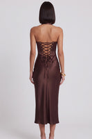 Load image into Gallery viewer, Dark Brown Corset Satin Halter Bodycon Midi Wedding Guest Dress