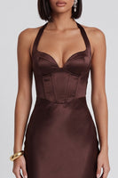 Load image into Gallery viewer, Dark Brown Corset Satin Halter Bodycon Midi Wedding Guest Dress