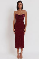 Load image into Gallery viewer, Glitter Burgundy Bodycon Corset Strapless Ruched Midi Wedding Guest Dress